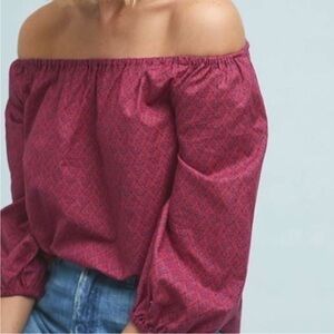 Anthropologie Maeve Pink & Blue‎ Print Off The Shoulder  Top Size Small